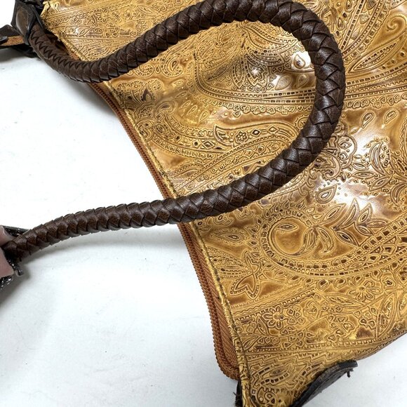 Embossed Tan Paisley Shoulder Bag With Brown Braided Strap By Relic - Picture 8 of 9